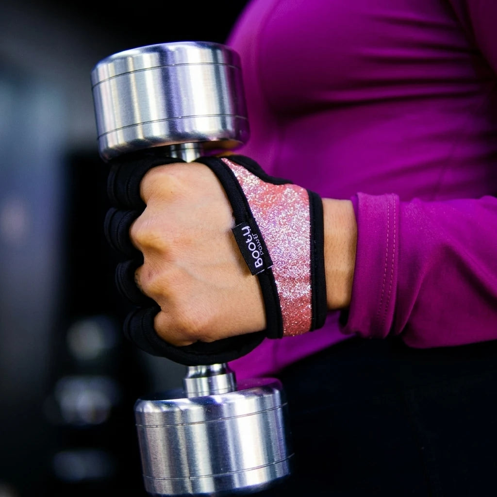 Mujer alzando pesa con guantes de gimnasio para mujer negro con rosa