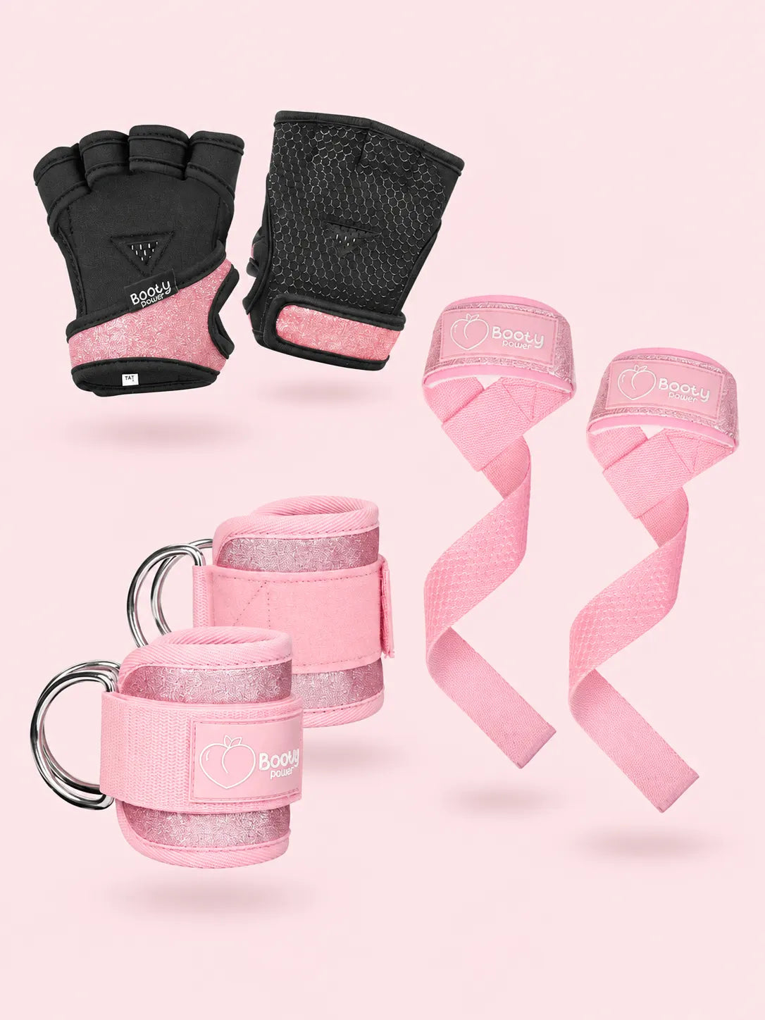 Kit de entrenamiento para mujer con guantes, straps y tobilleras rosadas BootyPower
