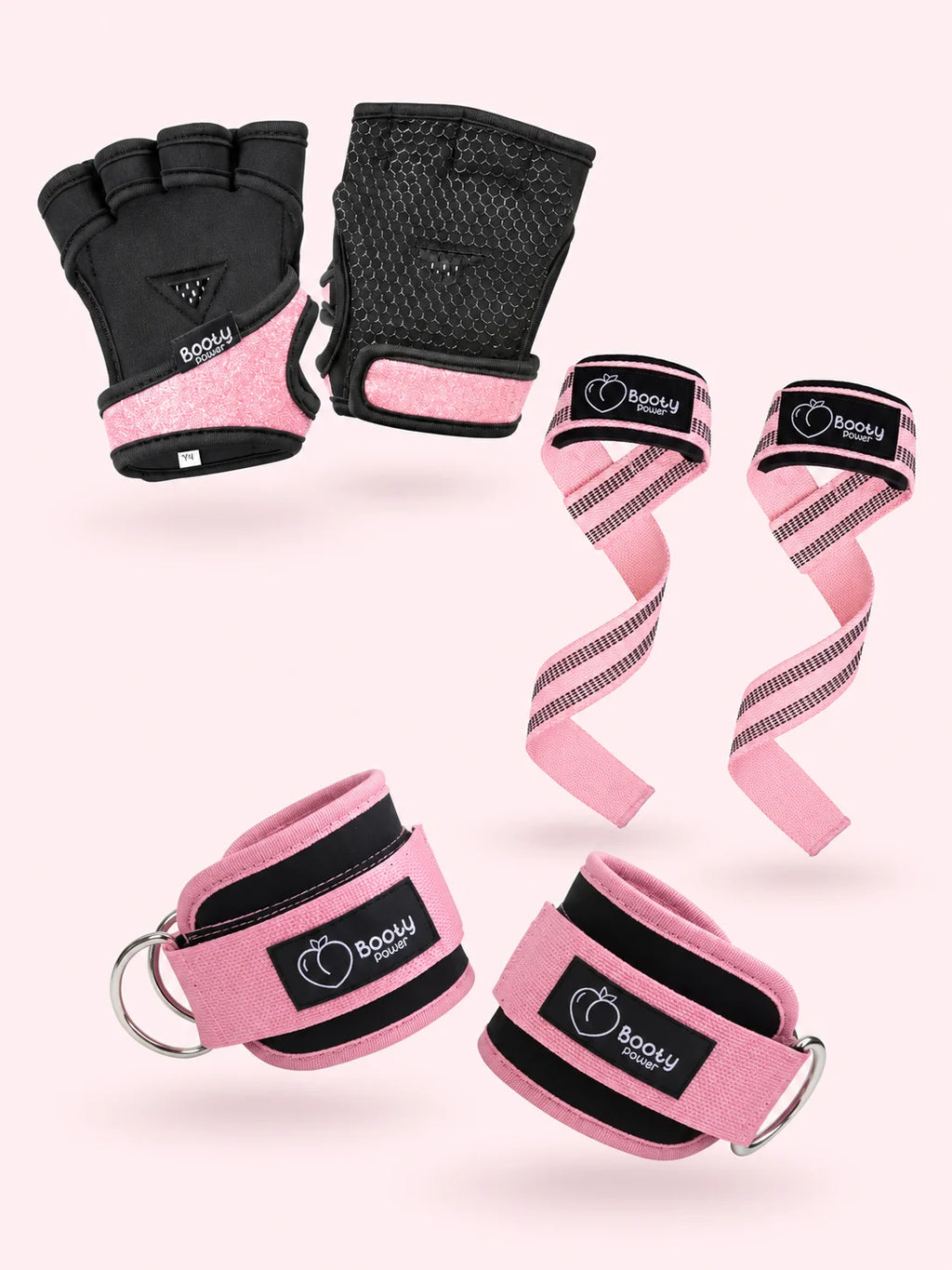 Kit de entrenamiento para mujer con guantes, straps y tobilleras rosadas BootyPower