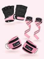 Kit de entrenamiento para mujer con guantes, straps y tobilleras rosadas BootyPower